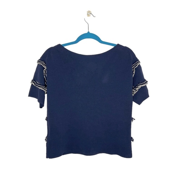 J Crew Navy Blue Ruffle Boatneck Short Sleeve Knit Sweater - Picture 6 of 11